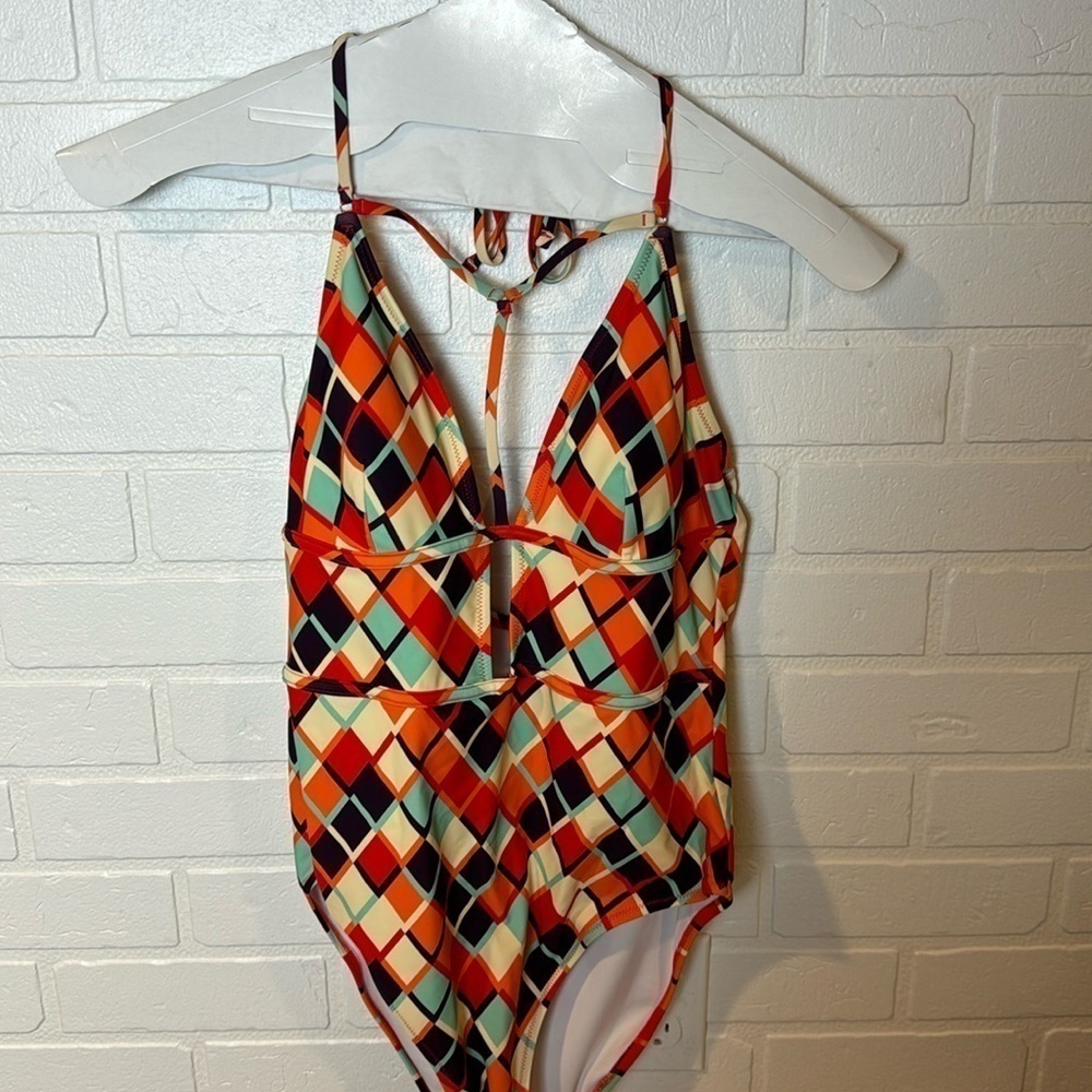 Cupshe orange and blue diamond one piece with cut outs